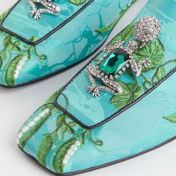 IRIS APFEL for H&M Turquoise Embellished Brocade Slippers Loafers - Picture 3 of 7